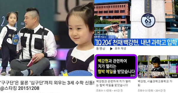 (기사 이해를 돕기 위한 자료사진) ''구구단'은 물론 '십구단'까지 외우는 3세 수학 신동! @스타킹 20151208' 캡처/'IQ 204 천재소년 백강현, 내년 서울과학고 간다 | 뉴스TOP 10' 캡처/백강현 유튜브 캡처. ⓒSBS/채널A/백강현 유튜브