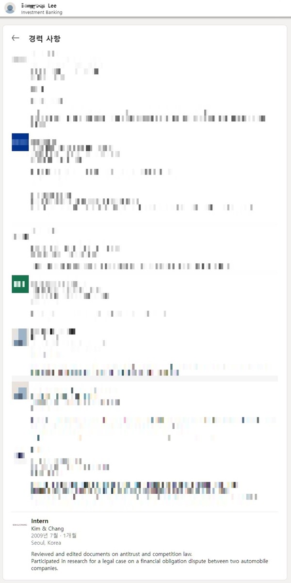 이균용 대법원장 후보자의 아들 이씨의 비지니스 사회연결망 서비스(SNS)인 링크드인 갈무리. 현재 해당 페이지는 삭제된 상태. ⓒ김승남 더불어민주당 의원실 제공