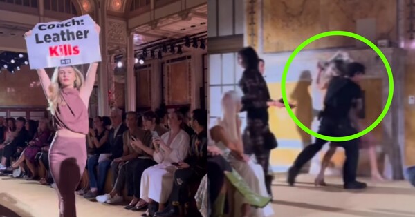 페타 회원들이 난입한 코치 쇼 런웨이 현장. ⓒThe Cut