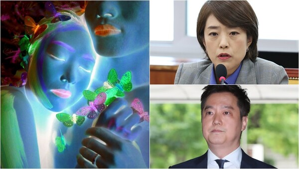 고민정 의원이 남편 조기영 시인과 함께 모델이 된 고상우 사진작가의 '물질이 아닌 사랑이 충만한 세상' 전시작 '꽃들의 대화'(왼), 고민정 더불어민주당 의원과 김세의 가로세로연구소 대표(오).&nbsp;ⓒ갤러리 선컨템포러리, 뉴스1
