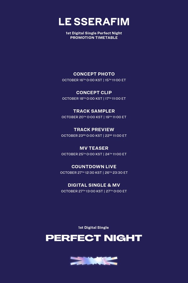 쏘스뮤직이 12일 공개한 르세라핌 디지털 싱글 퍼펙트 나이트 프로모션 일정 쏘스뮤직