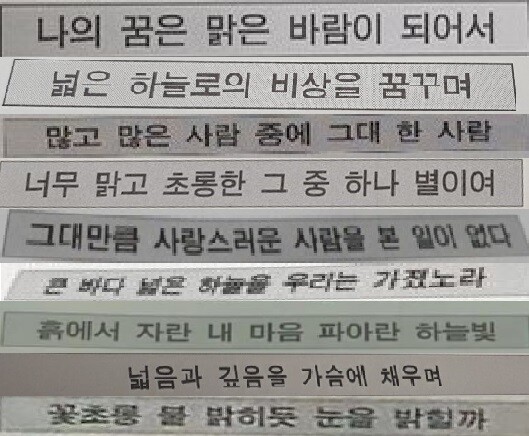 2023학년도(맨 위)부터 2014학년도(맨 아래)까지 수능 시험 필적 확인 문구. ⓒ소셜네트워크 갈무리/한겨레