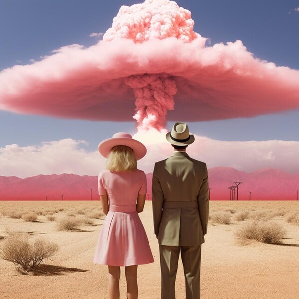 영화 ‘오펜하이머’ 속 원폭으로 인한 버섯 구름과 영화 ‘바비’의 핑크 콘셉트를 합성해 팬들이 제작한 이미지. ⓒ레딧 갈무리