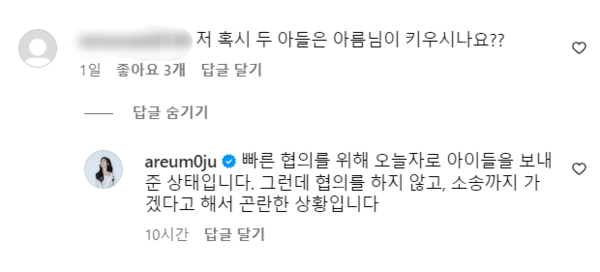 양육권 포기 시사한 아름.&nbsp;ⓒ아름 인스타그램