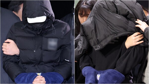 경복궁 담벼락에 스프레이로 낙서 후 도주한 10대 남녀가 19일 서울 종로경찰서에 붙잡혀 들어오고 있다.&nbsp;ⓒ뉴스1