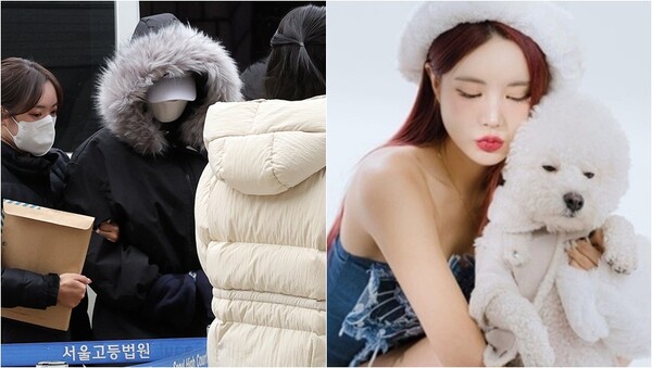 취한 상태로 벤츠 차량을 몰다가 오토바이를 치어 운전자를 숨지게 한&nbsp;DJ 예송(24·안예송)이&nbsp;5일 오후 서울 서초구 서울중앙지법에서 열린 구속 전 피의자 심문(영장실질심사)에 출석하는 모습(왼),&nbsp;DJ 예송이 강아지와 함께 찍은 사진(오). ⓒ뉴스1,&nbsp;DJ 예송 인스타그램&nbsp;