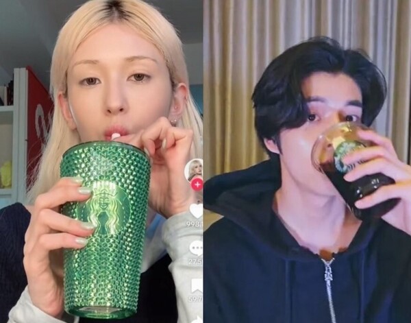 가수 전소미, 그룹 엔하이픈 멤버 제이크 역시 스타벅스 로고가 있는 컵으로 음료를 마셔 국외팬들의 항의를 받았다.&nbsp;ⓒ틱톡·인스타그램 갈무리