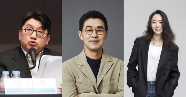 방시혁 하이브 의장, 박지원 하이브 CEO, 민희진 어도어 대표 ⓒ뉴스1/하이브/어도어