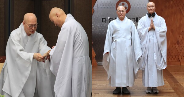 '뉴진스님' 개그맨 윤성호가 30일 오전 서울 종로구 한국불교역사문화기념관에서 대한불교조계종 총무원장 진우스님을 예방했다. (대한불교조계종 제공) 2024.4.30/뉴스1