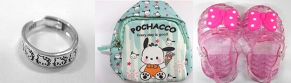 왼쪽부터 기준치를 3026배 초과하는 카드뮴이 검출된 반지(알리), 기준치의 270배를 초과하는 납이 검출된 가방(알리), 기준치의 48배를 초과하는 프탈레이트계 가소제가 검출된 신발(테무). ⓒ관세청 제공