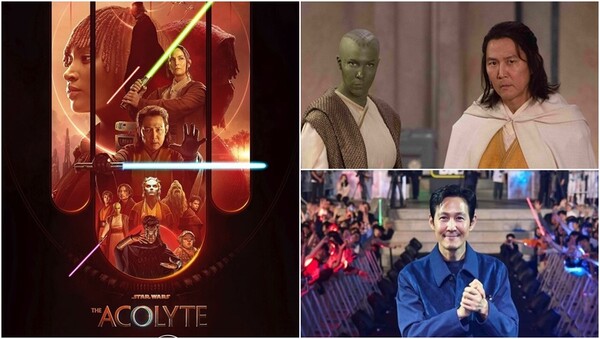 '애콜라이트' 포스터(왼),&nbsp;'애콜라이트' 이정재 스틸과 지난 4일 부산 해운대에서 열린 '스타워즈 데이 2024(Star Wars Day 2024)' 행사에 참석한 배우 이정재의 모습(오).&nbsp;ⓒ디즈니플러스 제공, 이정재 인스타그램&nbsp;