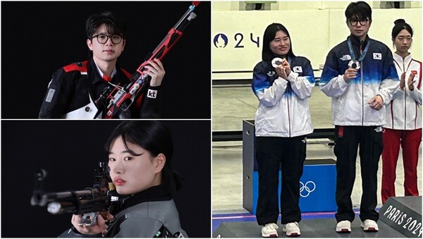 동갑내기 사격 콤비 박하준(24·KT)과 금지현(24·경기도청)(왼), 두 사람이&nbsp;27일(현지시간) 프랑스 샤토루 슈팅 센터에서 열린 2024 파리올림픽 사격 공기소총 10m 혼성 단체 시상식에서 은메달을 목에 걸고 기념촬영을 하고 있다.&nbsp;ⓒ대한사격연맹 제공, 뉴스1&nbsp;