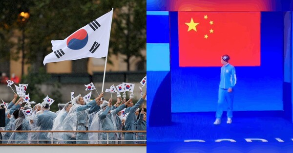2024 파리올림픽 개회식에서 대한민국 국가대표 선수단의 모습(좌), 아르헨티나의 수영 선수 마카레나 세바요스가 여성 평영 100ｍ 8강 경기에 입장할 때 중국 국기가 뜬 화면을 보는 모습(우)&nbsp;ⓒGettyimagesKorea/소셜미디어 X캡처&nbsp;