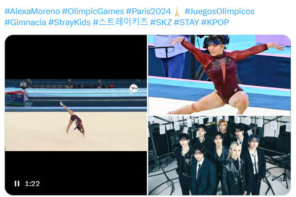스트레이 키즈 팬들이 알렉사 모레노의 체조 경기 영상을 에스엔에스에 공유하고 있다. ⓒ엑스 갈무리