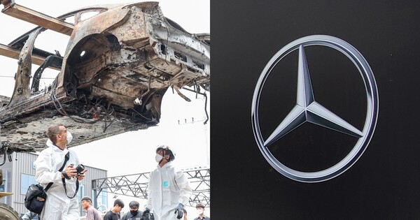 8일 오전 인천 서구의 한 정비소에서 지난 1일 청라 아파트 지하주차장에서 발생한 화재로 전소된 전기차가 2차 합동감식을 받기 위해 지게차에 실려 정비소 내부로 향하고 있다. 이날 합동감식이 진행된 정비소에는 벤츠 측 관계자들도 찾아와 감식을 참관했다. 2024.8.8(좌), 마르세데스 벤츠 로고(우)ⓒ뉴스1