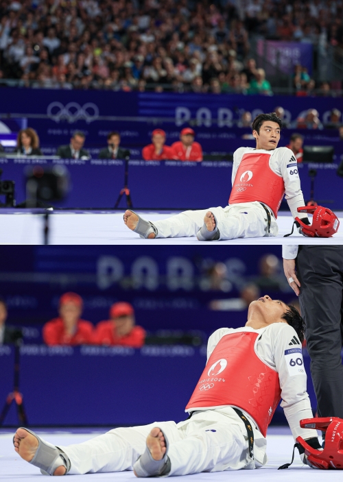 대한민국 태권도 국가대표팀 서건우 선수가 10일 오전(한국시간) 프랑스 파리 그랑 팔레에서 진행된 2024 파리올림픽 태권도 남자 80kg급 동메달 결정전 덴마크의 에디 흐르닉 선수와의 경기를 패배한 후 아쉬워 하고 있다. (2024.8.10) ⓒ뉴스1