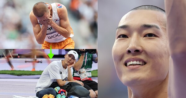 대한민국 대표팀 우상혁이 11일(한국시간) 02024 파리 올림픽 남자 육상 높이뛰기 결선 7위로 마무리하고 필드에 남은 이유. ⓒ뉴스1