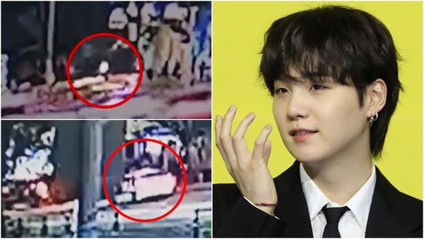 만취 상태로 전동 스쿠터를 몰고 인도를 질주하는 슈가의 모습과 경찰이 출동해 음주측정을 하는 모습(왼), 그룹 방탄소년단(BTS) 멤버 슈가(오).&nbsp;ⓒ연합뉴스TV, 뉴스1