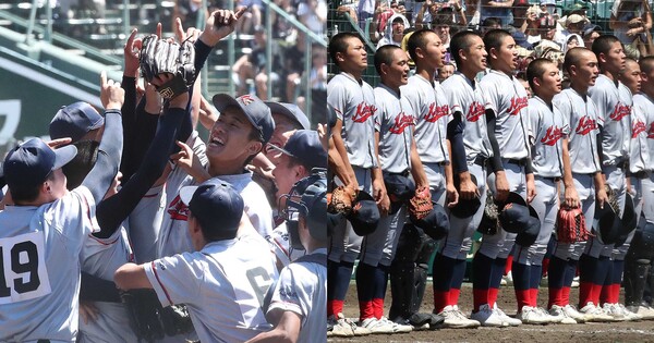 일본 내 한국계 민족학교인 교토국제고교 학생들이 23일 일본 효고현 니시노미야 한신 고시엔구장에서 열린 전국고교야구선수권대회(여름 고시엔) 교토국제고교와 간토다이이치고교 결승전에서 연장 10회 승부치기 끝에 2-1로 승리를 거두고 환호하고 있다. 2024.8.23(좌) 일본 내 한국계 민족학교인 교토국제고교 학생들이 23일 일본 효고현 니시노미야 한신 고시엔구장에서 열린 전국고교야구선수권대회(여름 고시엔) 교토국제고교와 간토다이이치고교 결승전에서 연장 10회 승부치기 끝에 2-1로 승리를 거두고 한국어 교가를 부르고 있다. 2024.8.23(우)ⓒ뉴스1