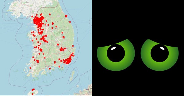 딥페이그 피해학교 지도(좌), 눈 이미지(우) ⓒdeepfakemap.xyz/픽사베이&nbsp;