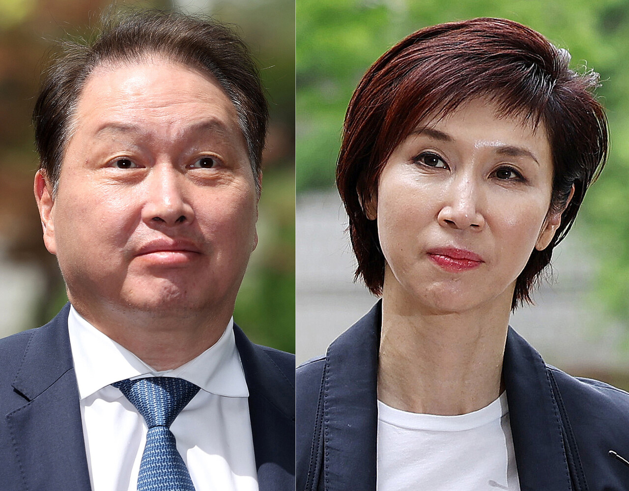 최태원 SK그룹 회장(왼쪽)과 노소영 아트센터 나비 관장이 16일 오후 서울 서초구 고등법원에서 열린 이혼 관련 항소심 변론기일에 출석하며 취재진 질문에 답하고 있다. 2024.4.16 ⓒ뉴스1