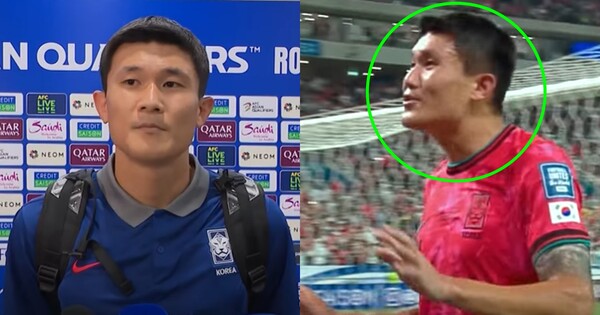 팔레스타인과 0-0 무승부 후 김민재가 인터뷰를 나누고 있다(좌), 팬들과 대치 중인 김민재(우). ⓒ유튜브 '엠빅뉴스'