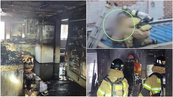 지난 4일 오전 발생한 경기 수원시 권선구 3층짜리 상가 건물 3층 화재 현장.&nbsp;ⓒ경기도소방재난본부 제공, JTBC 갈무리&nbsp;