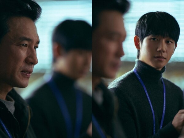 '베테랑2'에는 서도철(황정민 분)과 박선우(정해인 분)가 '닮았다'는 언급이 자주 나온다. 서도철이 거울에 비친 박선우와 대화를 나누는 장면이 연출되기도 했다. ⓒCJ ENM MOVIE