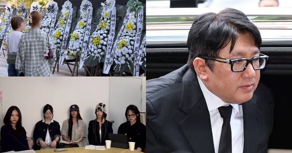 민희진 전 어도어 대표(좌측 위), 23일 서울 용산 하이브 사옥 앞에 놓인 근조화환(좌측 아래), 방시혁 하이브 의장(우)&nbsp; ⓒ뉴스1/유튜브 채널 'nwjns'