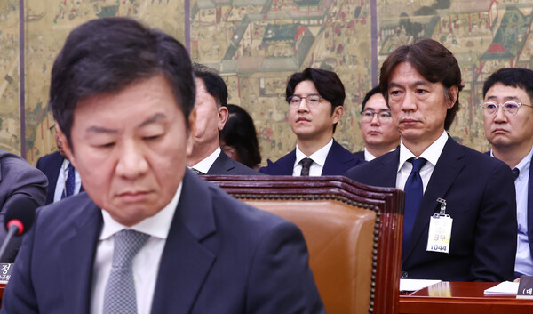 24일 오전 서울 여의도 국회 문화체육관광위원회에서 열린 대한축구협회 등에 대한 현안질의에 증인 및 참고인들이 출석해 있다. 왼쪽부터 정몽규 대한축구협회장, 박주호 전 전력강회위원, 홍명보 남자 축구대표팀 감독. 2024.9.24 ⓒ뉴스1