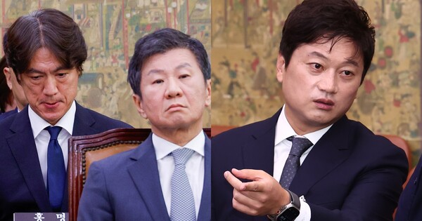 홍명보 감독과 정몽규 회장(좌), 박문성 해설위원(우) ⓒ뉴스1&nbsp;