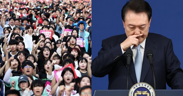 28일 오후 서울 중구 태평로에서 열린 전국민중행동 주최 '윤석열 정권 퇴진 전국동시다발 시국대회' 참가자들이 정권 퇴진을 촉구하는 구호를 외치고 있다. 2024.9.28(좌), 윤석열 대통령(우) ⓒ뉴스1