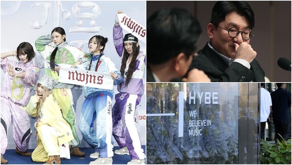 그룹 뉴진스(왼), 하이브 방시혁 의장과&nbsp;서울 용산구 하이브 사옥 앞에 팬들이 보낸 근조화환이 놓여 있는 모습이 유리창에 비치고 있다(오).&nbsp;ⓒ뉴스1&nbsp;