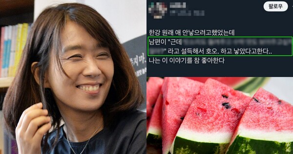 소설가 한강(좌), 기사 관련 SNS 글(우측 상단), 수박(우측 하단). ⓒ뉴스1, SNS, Adobestock