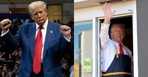 도널드 트럼프 전 미국 대통령(좌), 도널드 트럼프 전 대통령은 20일(현지시간) 미 대선 핵심 경합주인 펜실베니아 벅스 카운티에 있는 한 맥도널드 매장에서 일하는 모습(우)&nbsp;&nbsp;ⓒGettyimagesKorea