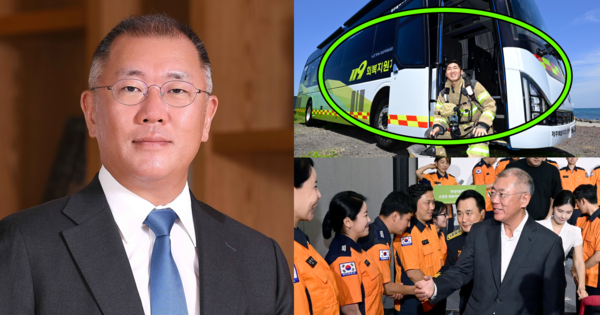 소방관과 인사 나누는 정의선 회장, 회복 지원 버스. ⓒ현대차그룹/뉴스1