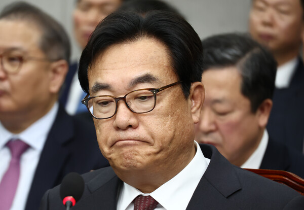 정진석 대통령 비서실장이 1일 오전 서울 여의도 국회 운영위원회에서 열린 대통령비서실·국가안보실·대통령 경호처 대상 종합 국정감사에서 굳은 표정으로 윤석열 대통령과 명태균 씨 통화 녹취록과 관련한 질의를 듣고 있다. 2024.11.1ⓒ뉴스1
