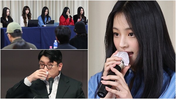 그룹 뉴진스(해린, 다니엘, 민지, 하니, 혜인)가 28일 오후 서울 강남구 스페이스쉐어 삼성역센터에서 열린 전속계약 해지 관련 기자회견에 참석한 모습과 방시혁 하이브 의장.&nbsp;ⓒ뉴스1&nbsp;