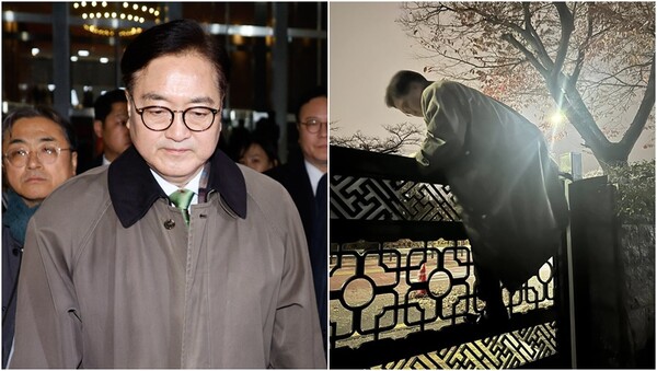 윤석열 대통령 탄핵안이 가결된 14일 오후 우원식 국회의장이 서울 여의도 국회를 나서는 모습(왼), 우 의장이 지난 3일 '12·3 비상계엄 사태' 당시 국회 담장을 넘고 있는 모습(오).&nbsp;ⓒ뉴스1, 우원식 의장 페이스북&nbsp;