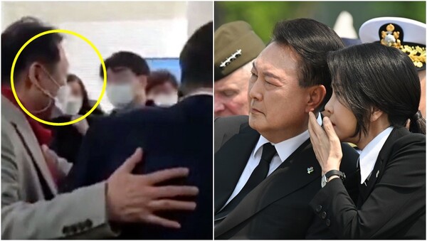 2022년 윤석열 당시 대선후보가 선거대책본부의 네트워크본부 사무실을 방문했을 당시 '건진법사'로 알려진 전성배 씨가 관계자들에게 소개하는 모습(왼), 윤석열 대통령과 김건희 여사(오).&nbsp;ⓒ유튜브 캡처, 뉴스1&nbsp;