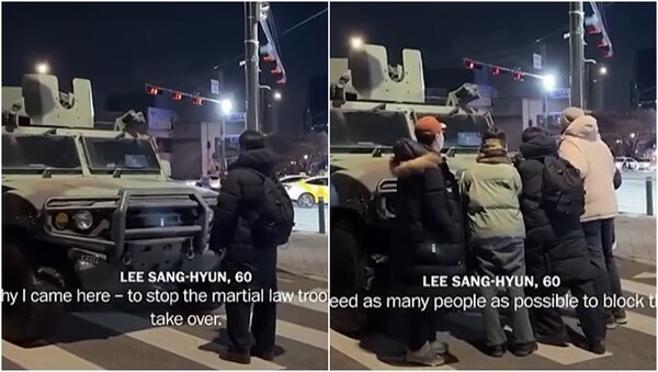 12.3 비상계엄 사태 당시 국회로 출동한 군용 차량을 홀로 막아선 시민들의 모습.&nbsp;ⓒ워싱턴포스트(WP)