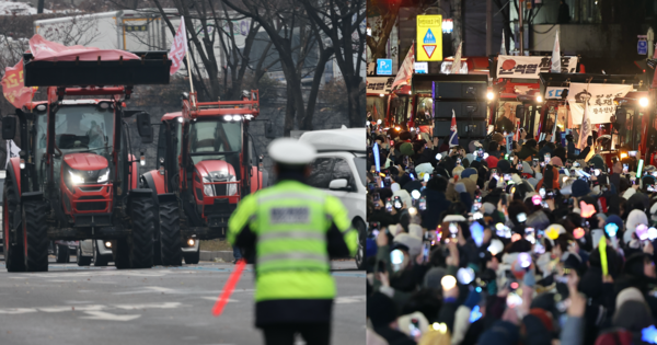 전국농민회총연맹 전봉준 투쟁단 농민들이 21일 윤석열 대통령 구속 등을 촉구하는 집회를 위해 트랙터와 트럭을 몰고 상경하던 중 서울 남태령 고개 인근에서 경찰병력과 대치하고 있다/전국농민회총연맹(전농)의 트랙터들이 22일 오후 서울 서초구 남태령에서 윤석열 대통령 구속을 촉구하는집회를 갖은 뒤 대통령 한남관저로 향하고 있다.&nbsp;ⓒ뉴스1