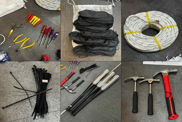 검찰 비상계엄 특별수사본부가 공개한 선거관리위원회 직원 체포조가 준비한 도구(송곳, 안대, 포승줄, 케이블타이, 야구방망이, 망치 등)&nbsp;ⓒ검찰 비상계엄 특별수사본부
