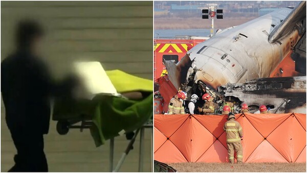 29일 오후&nbsp;이대서울병원으로 이송된 남성 승무원 이모 씨(왼), 같은 날 오후 전남 무안국제공항에서 발생한 항공기기 추락 사고 현장에서 소방대원들이 사고 현장을 수습하는 모습(오).&nbsp;ⓒMBN 뉴스, 뉴스1&nbsp;