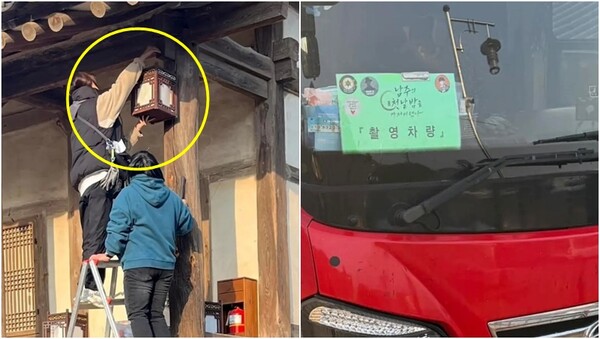 KBS 2TV ‘남주의 첫날밤을 가져버렸다’ 촬영팀이 안동 병산서원에서 나무 기둥에 못을 박고 소품용 모형 초롱을 매달고 있는 모습(왼), 드라마 촬영 차량(오).&nbsp;ⓒ민서홍 건축가 페이스북&nbsp;