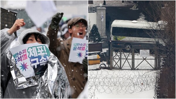 윤석열즉각퇴진·사회대개혁 비상행동 회원들이 5일 서울 용산구 한남동 대통령 관저 인근에서 열린 내란수괴 윤석열 신속 체포 촉구 긴급 기자회견에서 구호를 외치는 모습(왼),&nbsp;5일 서울 용산구 한남동 대통령 관저 인근 출입구에 철조망이 설치된 모습(오).&nbsp;ⓒ뉴스1&nbsp;
