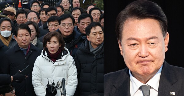 윤석열 대통령의 체포를 막기 위해 서울 용산구 윤석열 대통령 관저 앞을 찾은 44명의 국민의힘 의원들. ⓒ뉴스1