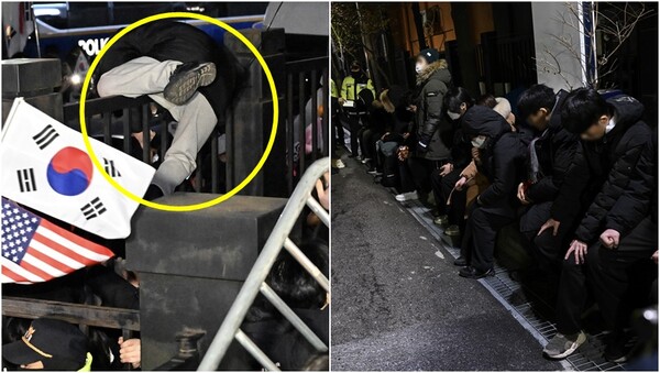 18일 내란 우두머리 혐의로 체포된 윤석열 대통령의 지지자들이 서부지법 담장을 넘고 있는 모습(왼)과 경찰에 붙잡힌 모습(오).&nbsp;ⓒ뉴스1&nbsp;