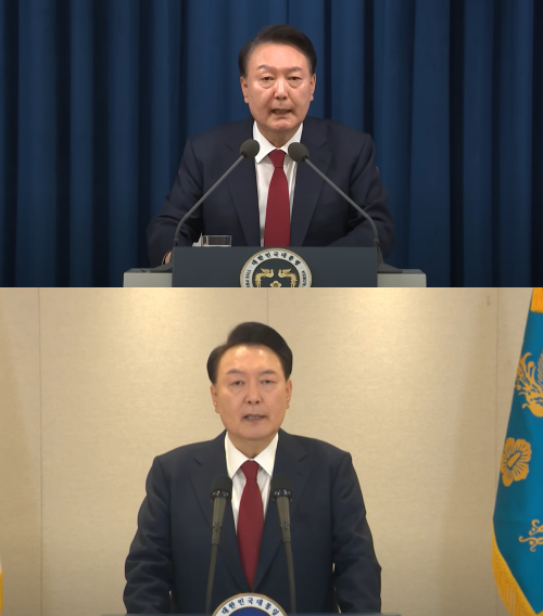 계엄 선포 당일 VS 이후의 대국민담화. 계엄 선포 이후 뿌리 염색을 한 것으로 보인다. ⓒSBS, 제주MBC