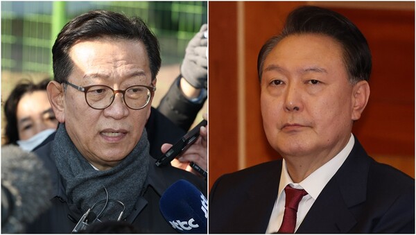 윤석열 대통령 측 석동현 변호사(왼), 윤 대통령이 23일 서울 종로구 헌법재판소에서 열린 탄핵심판 4차 변론에 출석하고 있다(오).&nbsp;ⓒ뉴스1&nbsp;